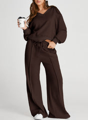 DOKOTOO Sweatsuits for Women 2 Piece Outfits Oversized Casual V Neck Sweatshirt with Wide Leg Sweatpants Tracksuit Jogger Set