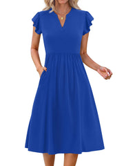 Fantaslook Summer Dresses for Women Ruffle Sleeve V Neck Midi Dresses Fashion Casual Flowy Vacation Sundress