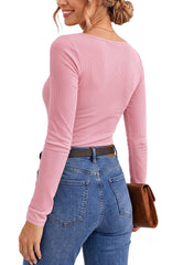 UVN Long Sleeve Tops for Women Fall Dressy Lace V Neck Tunic Blouses Ladies Ribbed Knit Slim Fit Pullover Shirts