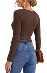 UVN Long Sleeve Tops for Women Fall Dressy Lace V Neck Tunic Blouses Ladies Ribbed Knit Slim Fit Pullover Shirts