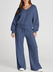 DOKOTOO Sweatsuits for Women 2 Piece Outfits Oversized Casual V Neck Sweatshirt with Wide Leg Sweatpants Tracksuit Jogger Set