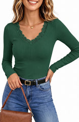 UVN Long Sleeve Tops for Women Fall Dressy Lace V Neck Tunic Blouses Ladies Ribbed Knit Slim Fit Pullover Shirts