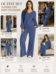 DOKOTOO Sweatsuits for Women 2 Piece Outfits Oversized Casual V Neck Sweatshirt with Wide Leg Sweatpants Tracksuit Jogger Set