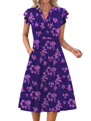 Fantaslook Summer Dresses for Women Ruffle Sleeve V Neck Midi Dresses Fashion Casual Flowy Vacation Sundress