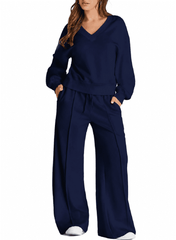 DOKOTOO Sweatsuits for Women 2 Piece Outfits Oversized Casual V Neck Sweatshirt with Wide Leg Sweatpants Tracksuit Jogger Set