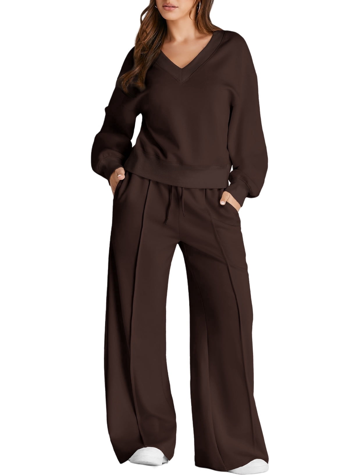 DOKOTOO Sweatsuits for Women 2 Piece Outfits Oversized Casual V Neck Sweatshirt with Wide Leg Sweatpants Tracksuit Jogger Set