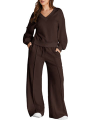 DOKOTOO Sweatsuits for Women 2 Piece Outfits Oversized Casual V Neck Sweatshirt with Wide Leg Sweatpants Tracksuit Jogger Set