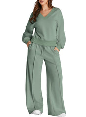 DOKOTOO Sweatsuits for Women 2 Piece Outfits Oversized Casual V Neck Sweatshirt with Wide Leg Sweatpants Tracksuit Jogger Set