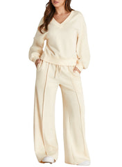 DOKOTOO Sweatsuits for Women 2 Piece Outfits Oversized Casual V Neck Sweatshirt with Wide Leg Sweatpants Tracksuit Jogger Set