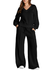 DOKOTOO Sweatsuits for Women 2 Piece Outfits Oversized Casual V Neck Sweatshirt with Wide Leg Sweatpants Tracksuit Jogger Set