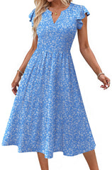 Fantaslook Summer Dresses for Women Ruffle Sleeve V Neck Midi Dresses Fashion Casual Flowy Vacation Sundress