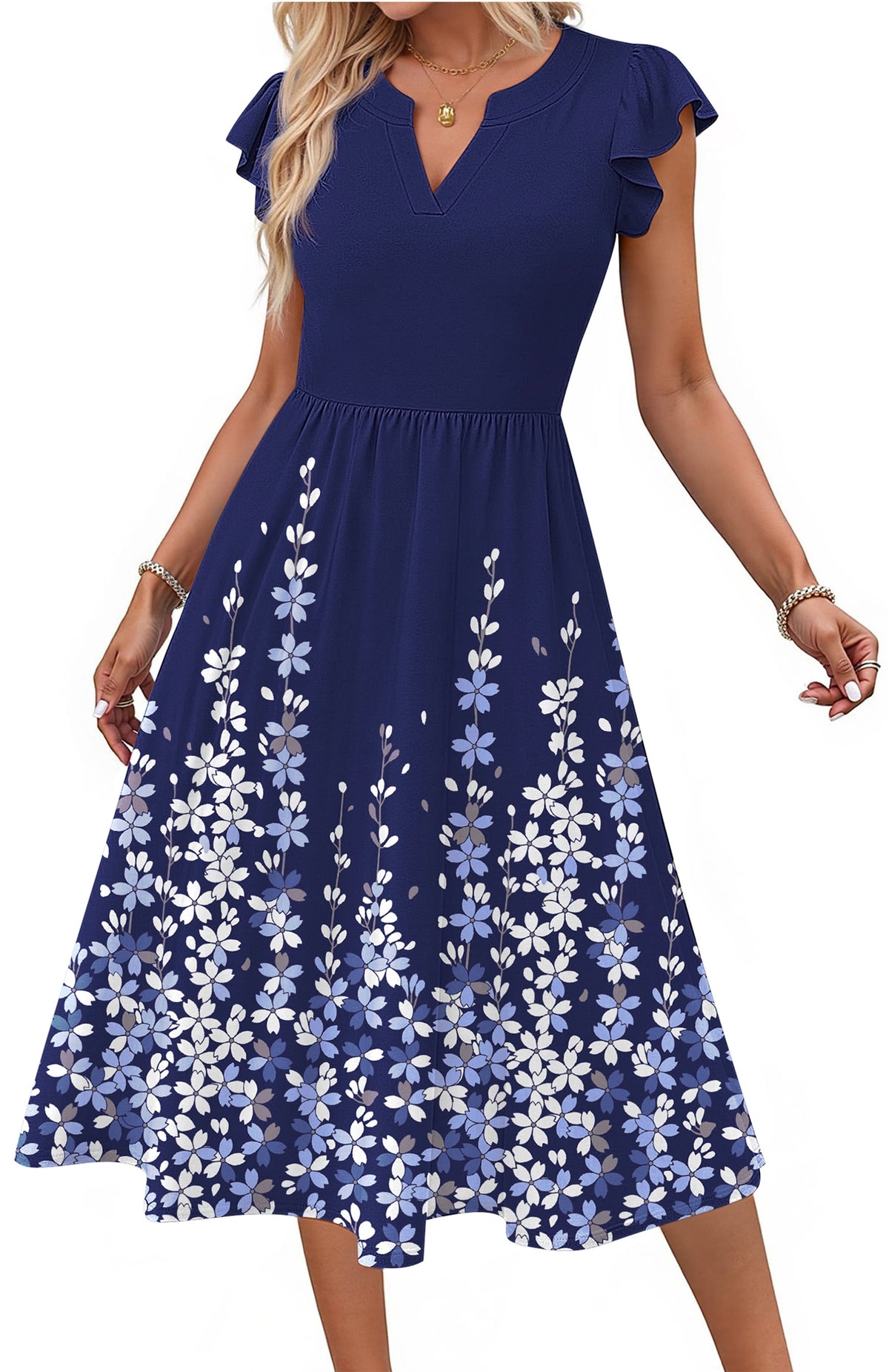 Fantaslook Summer Dresses for Women Ruffle Sleeve V Neck Midi Dresses Fashion Casual Flowy Vacation Sundress
