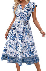 Fantaslook Summer Dresses for Women Ruffle Sleeve V Neck Midi Dresses Fashion Casual Flowy Vacation Sundress
