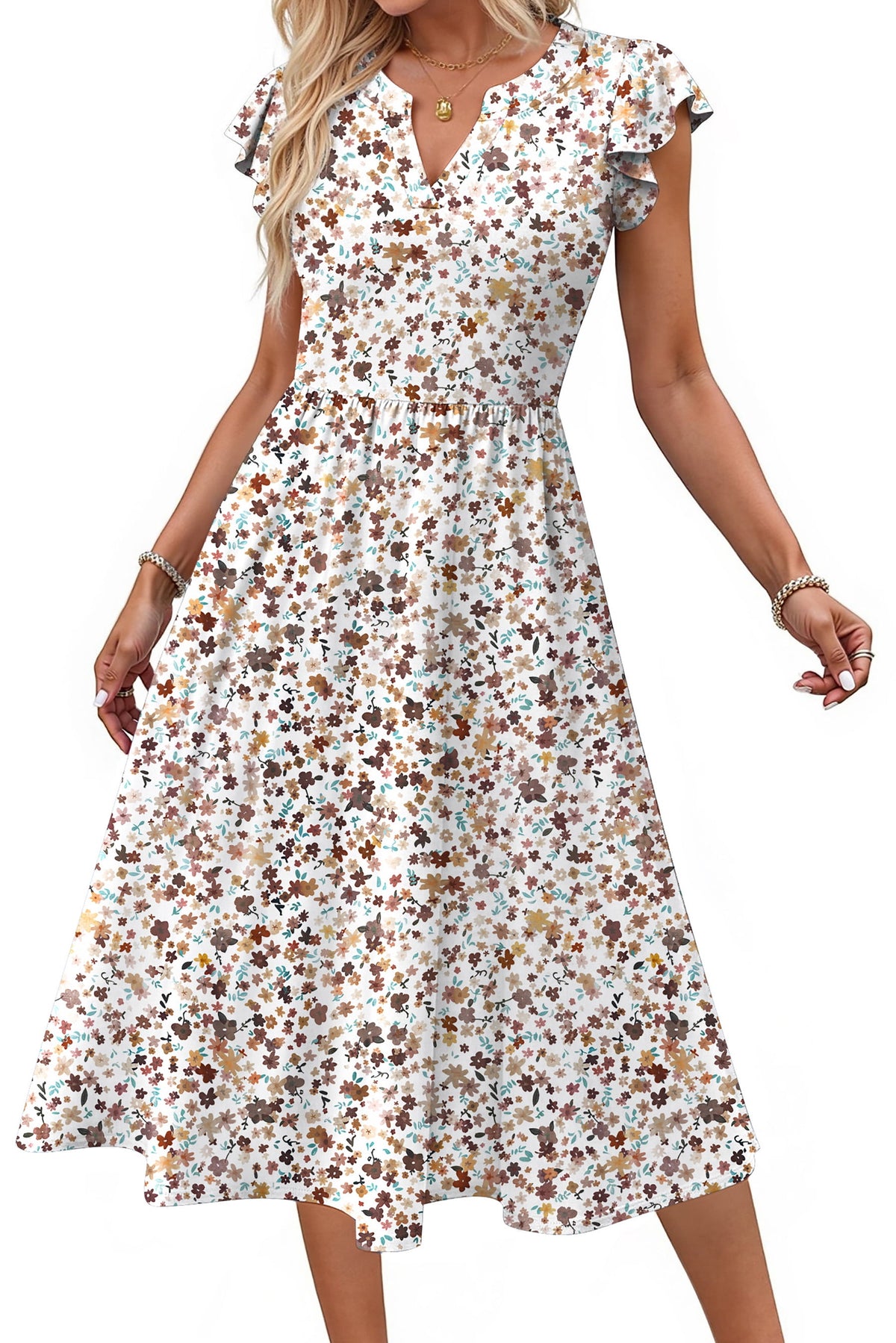 Fantaslook Summer Dresses for Women Ruffle Sleeve V Neck Midi Dresses Fashion Casual Flowy Vacation Sundress