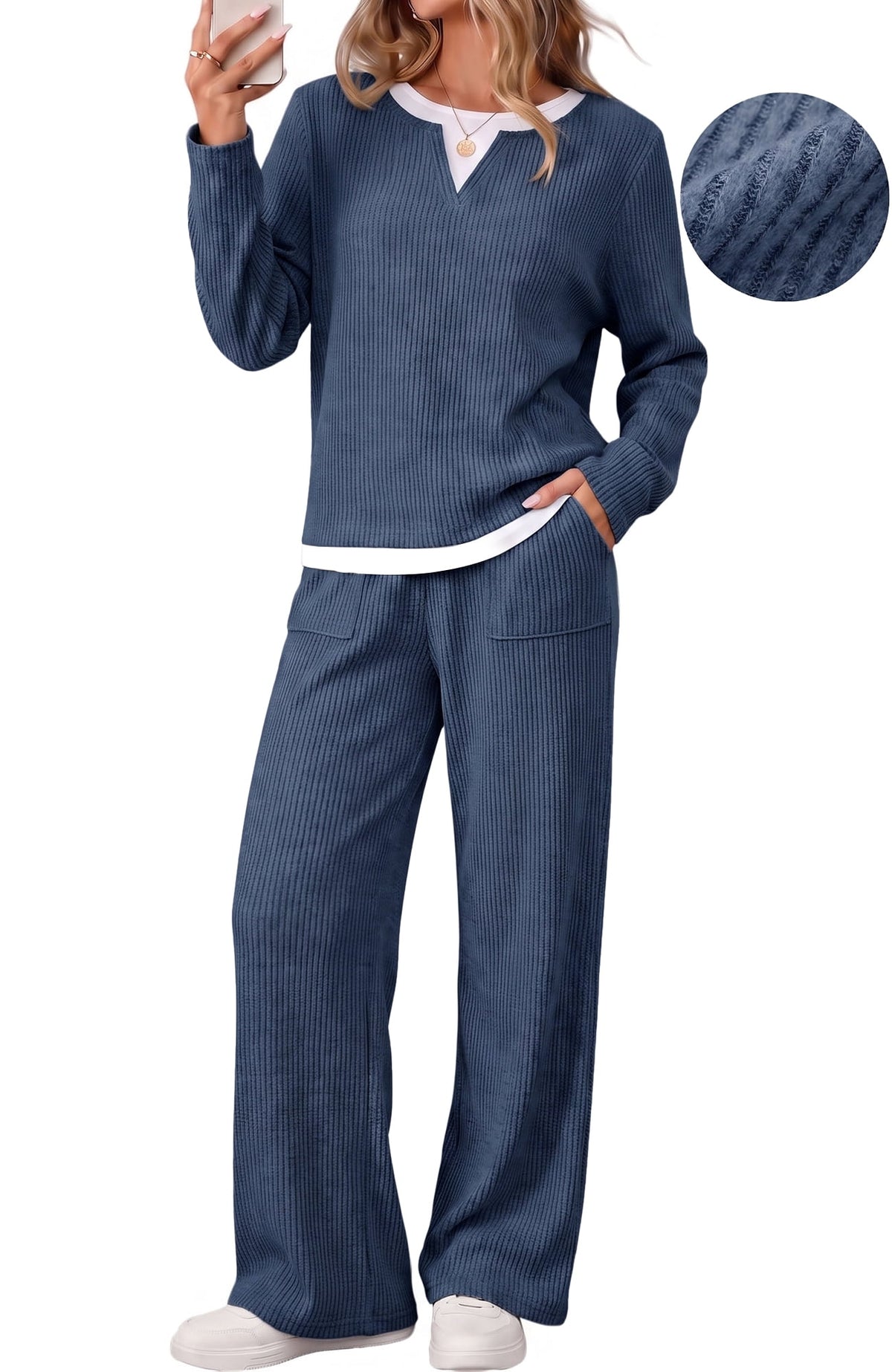 UVN Fall 2 Peice outfit set for Women Color Block Tops and Wide Leg Pants Ladies Sweatsuit Casual Matching Set