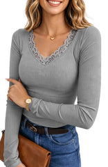 UVN Long Sleeve Tops for Women Fall Dressy Lace V Neck Tunic Blouses Ladies Ribbed Knit Slim Fit Pullover Shirts