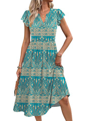 Fantaslook Summer Dresses for Women Ruffle Sleeve V Neck Midi Dresses Fashion Casual Flowy Vacation Sundress