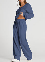DOKOTOO Sweatsuits for Women 2 Piece Outfits Oversized Casual V Neck Sweatshirt with Wide Leg Sweatpants Tracksuit Jogger Set