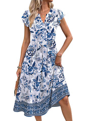 Fantaslook Summer Dresses for Women Ruffle Sleeve V Neck Midi Dresses Fashion Casual Flowy Vacation Sundress