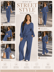 DOKOTOO Sweatsuits for Women 2 Piece Outfits Oversized Casual V Neck Sweatshirt with Wide Leg Sweatpants Tracksuit Jogger Set