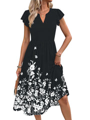 Fantaslook Summer Dresses for Women Ruffle Sleeve V Neck Midi Dresses Fashion Casual Flowy Vacation Sundress