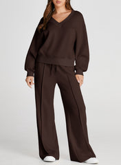 DOKOTOO Sweatsuits for Women 2 Piece Outfits Oversized Casual V Neck Sweatshirt with Wide Leg Sweatpants Tracksuit Jogger Set