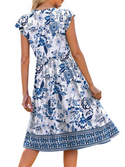 Fantaslook Summer Dresses for Women Ruffle Sleeve V Neck Midi Dresses Fashion Casual Flowy Vacation Sundress