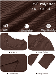 UVN Long Sleeve Tops for Women Fall Dressy Lace V Neck Tunic Blouses Ladies Ribbed Knit Slim Fit Pullover Shirts