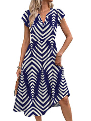 Fantaslook Summer Dresses for Women Ruffle Sleeve V Neck Midi Dresses Fashion Casual Flowy Vacation Sundress