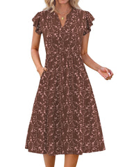 Fantaslook Summer Dresses for Women Ruffle Sleeve V Neck Midi Dresses Fashion Casual Flowy Vacation Sundress