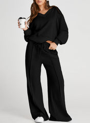 DOKOTOO Sweatsuits for Women 2 Piece Outfits Oversized Casual V Neck Sweatshirt with Wide Leg Sweatpants Tracksuit Jogger Set