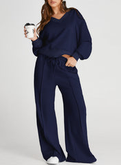 DOKOTOO Sweatsuits for Women 2 Piece Outfits Oversized Casual V Neck Sweatshirt with Wide Leg Sweatpants Tracksuit Jogger Set