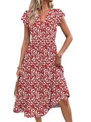 Fantaslook Summer Dresses for Women Ruffle Sleeve V Neck Midi Dresses Fashion Casual Flowy Vacation Sundress
