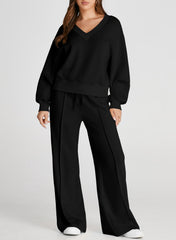 DOKOTOO Sweatsuits for Women 2 Piece Outfits Oversized Casual V Neck Sweatshirt with Wide Leg Sweatpants Tracksuit Jogger Set