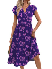 Fantaslook Summer Dresses for Women Ruffle Sleeve V Neck Midi Dresses Fashion Casual Flowy Vacation Sundress