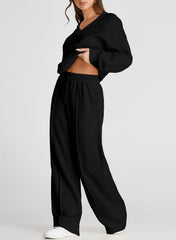 DOKOTOO Sweatsuits for Women 2 Piece Outfits Oversized Casual V Neck Sweatshirt with Wide Leg Sweatpants Tracksuit Jogger Set